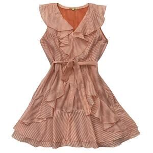 GIANNI BINI Orange White Striped Short Sleeve Ruffle Sleeveless Mini Dress 10